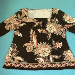 ANN TAYLOR square neck floral print brown cream white orange red trendy size XL